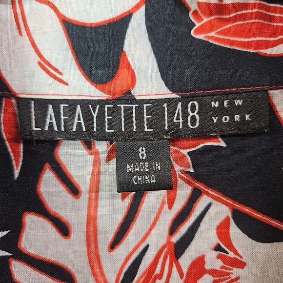 Lafayette 148‎ Shirt Top Women Size 8 Button Up Floral Red Black White Cotton - Picture 4 of 12